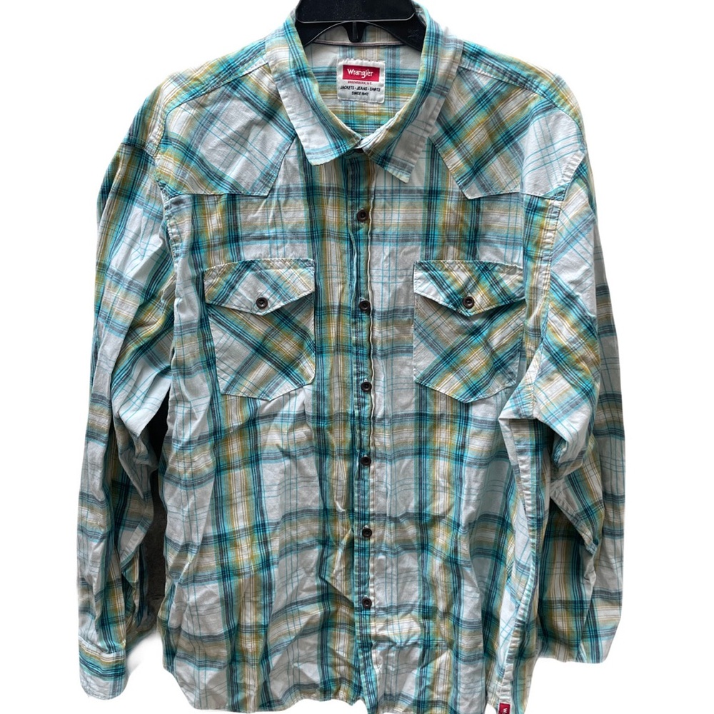 ❤️ WRANGLER MENS BLUE PLAID LONG SLEEVE TOP SIZE XL WESTERN